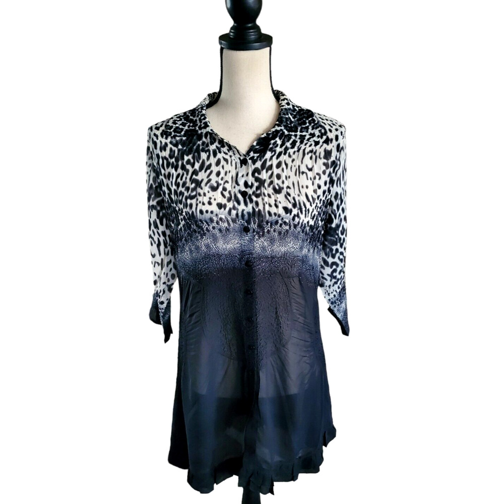 Jerry T Black & Cream Chiffon Animal Print Ruffle Button Front Tunic Dress L